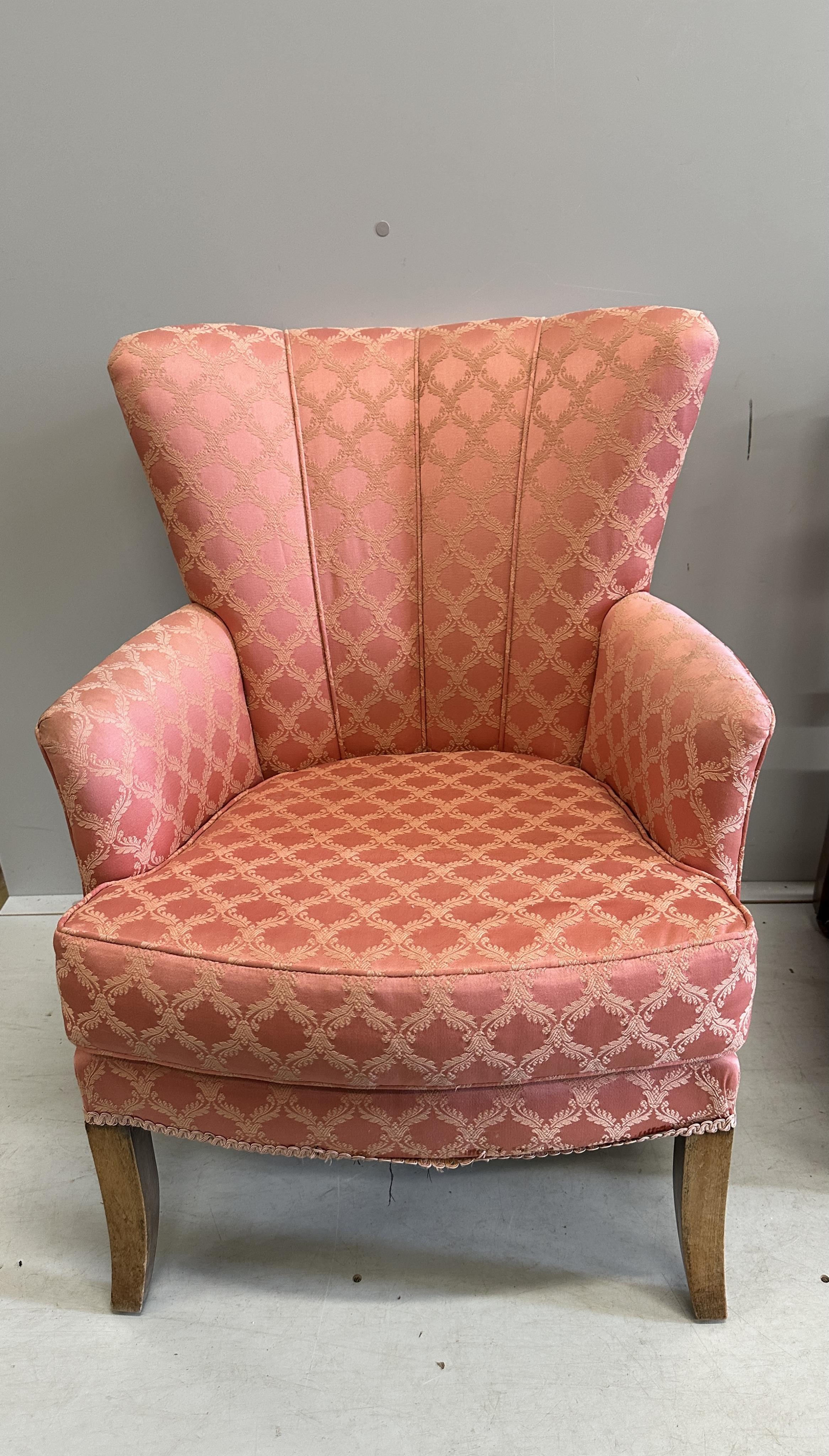 A pair of inlaid Edwardian salon chairs, a Victorian nursing chair and two others. Condition - fair